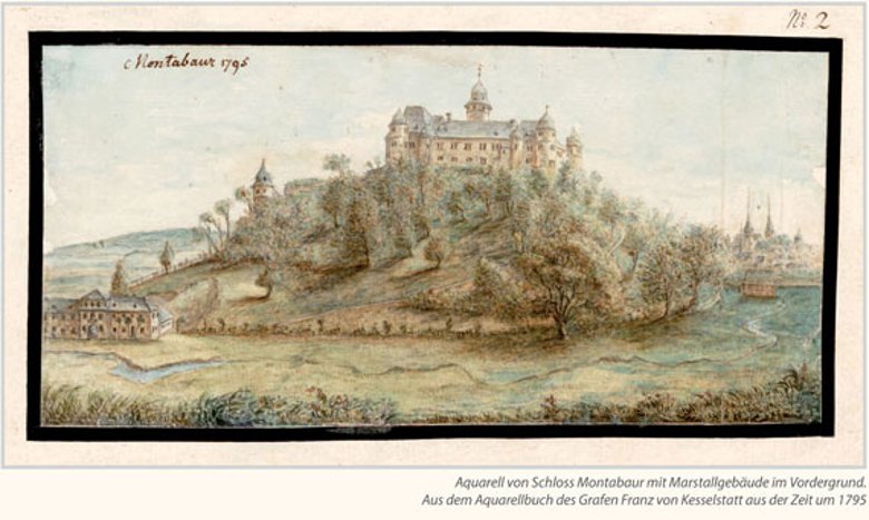Aquarell von Schloss Montabaur mit Marstallgebäude im Vordergrund. Aus dem Aquarellbuch des Grafen Franz von Kesselstatt aus der Zeit um 1795 (Juli)