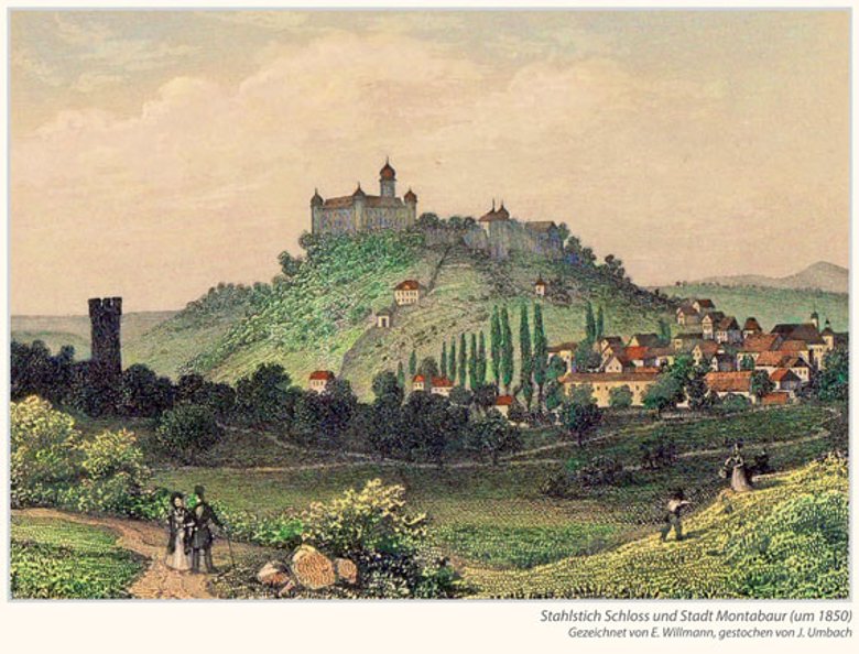 Stahlstich Schloss und Stadt Montabaur (um 1850)