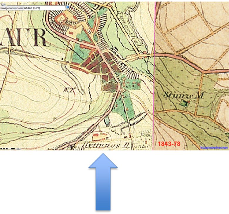 Das Bild zeigt einen Landkartenausschnitt und einen Hinweispfeil